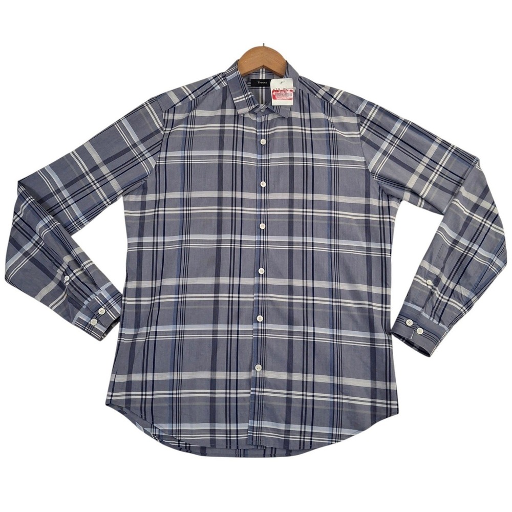 Theory Zack PS Hylstone Shirt Men's L Blue Plaid Cotton Button Down Long Sleeve